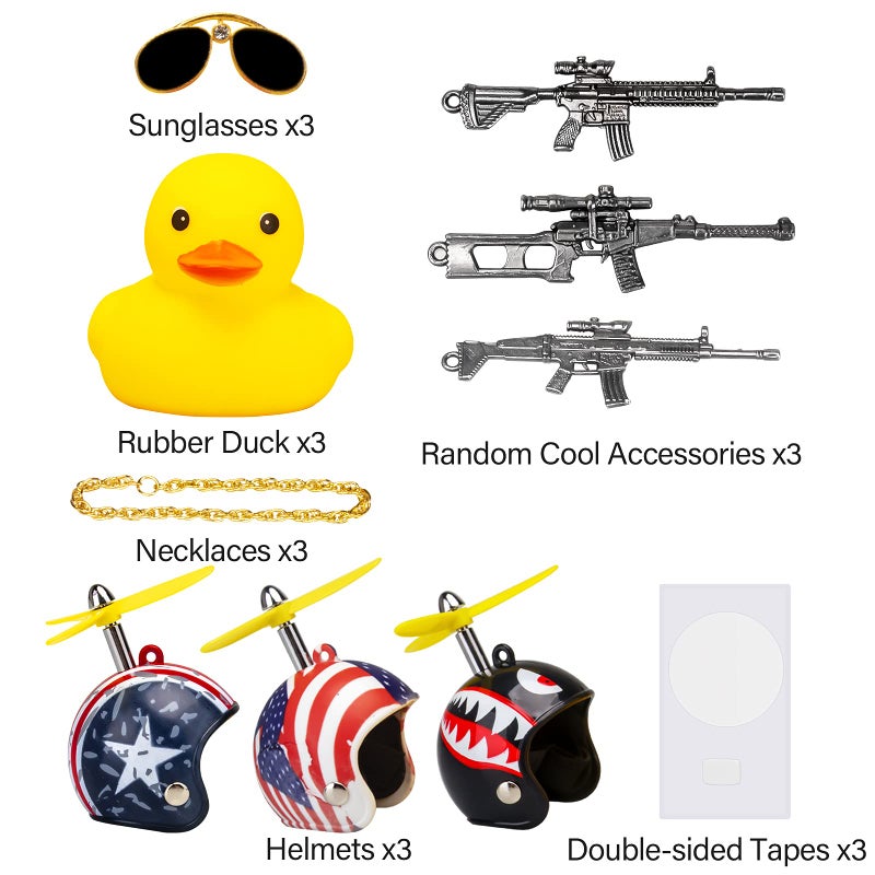 wonuu 3 Pack Car Rubber Duck Cute Yellow Wind-Breaking Ducks Dashboard Decorations Small Ornaments with Propellers Glasses Gold Chain (Yellow-Stars and Stripes&Flag&Shark) - Image 3